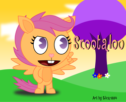 Size: 1268x1028 | Tagged: safe, artist:elica1994, derpibooru import, scootaloo, pegasus, female, filly, happy tree friends, orange coat, purple mane, solo