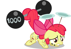 Size: 5000x3488 | Tagged: safe, artist:dtcx97, derpibooru import, apple bloom, earth pony, pony, the cutie pox, 1000, barbell, crouching, cutie pox, female, filly, heavy, plate spinning, simple background, solo, tail hold, transparent background, vector, weight lifting