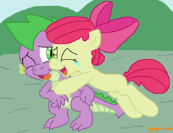 Size: 1292x990 | Tagged: safe, artist:tagman007, derpibooru import, apple bloom, spike, dragon, earth pony, pony, dragon quest, alternate ending, blank flank, crying, female, filly, hug, jumping, male, shipping, spikebloom, straight, tears of joy