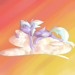 Size: 1000x1000 | Tagged: safe, artist:ponygoggles, derpibooru import, cloudchaser, cloud, eyes closed, prone, solo, sunset