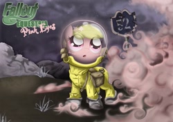 Size: 1067x756 | Tagged: safe, artist:sip, derpibooru import, oc, oc only, oc:puppysmiles, earth pony, pony, fallout equestria, fallout equestria: pink eyes, canterlot ghoul, fallout, fanfic, fanfic art, female, filly, foal, hazmat suit, heads up display, hooves, open mouth, pink cloud (fo:e), route 52, saddle bag, solo, text