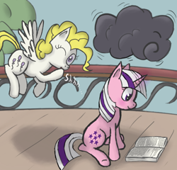 Size: 1280x1228 | Tagged: safe, artist:mostlyponyart, derpibooru import, surprise, twilight, g1, book, cloud, g1 to g4, generation leap, prank, reading