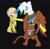 Size: 1024x1006 | Tagged: safe, artist:irkengeneral, derpibooru import, oc, oc only, oc:henrietta firebright, oc:puppysmiles, earth pony, griffon, pony, fallout equestria, fallout equestria: pink eyes, black background, fallout, fanfic, fanfic art, female, filly, foal, gun, handgun, hazmat suit, hooves, open mouth, pistol, saddle bag, simple background, weapon, wings