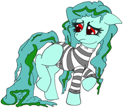 Size: 1212x1067 | Tagged: safe, artist:dimvitrarius, derpibooru import, oc, oc only, oc:dulset tarn, kelpie, pony, female, frown, lidded eyes, looking back, mare, messy mane, raised hoof, raised leg, solo