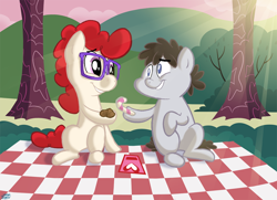 Size: 1000x725 | Tagged: safe, artist:willdrawforfood1, derpibooru import, truffle shuffle, twist, earth pony, pony, colt, female, glasses, male, shipping, straight, truffletwist