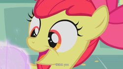 Size: 900x506 | Tagged: safe, derpibooru import, screencap, apple bloom, earth pony, apple bloom's bow, female, filly, hair bow, red mane, yellow coat, youtube caption