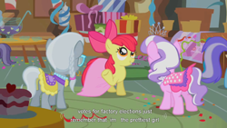 Size: 900x506 | Tagged: safe, derpibooru import, screencap, apple bloom, diamond tiara, silver spoon, youtube caption