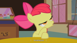 Size: 900x506 | Tagged: safe, derpibooru import, screencap, apple bloom, earth pony, apple bloom's bow, female, filly, hair bow, red mane, yellow coat, youtube caption