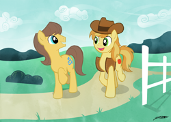 Size: 1000x714 | Tagged: safe, artist:willdrawforfood1, derpibooru import, braeburn, caramel, earth pony, pony, cowboy hat, male, two toned mane