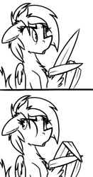 Size: 1525x2921 | Tagged: source needed, safe, artist:ralek, oc, oc only, oc:sapphire sights, pegasus, pony, 2 panel comic, black and white, can't argue with that, comic, confused, ear fluff, female, floppy ears, frown, grayscale, looking back, mare, monochrome, open mouth, reaction image, shifty eyes, sitting, solo, speechless, thinking, wide eyes, wing hands