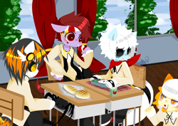 Size: 1000x708 | Tagged: safe, artist:snow angel, oc, oc only, oc:black ink, oc:spider, pony, spider, bento, bipedal, clothes, juice box, school, school uniform