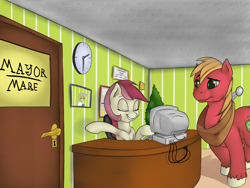 Size: 4000x3000 | Tagged: safe, artist:shdingo, big macintosh, roseluck, earth pony, pony, armpits, computer, male, office, stallion, the mayors journey(vore series)