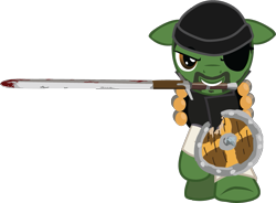 Size: 1059x779 | Tagged: safe, artist:ah-darnit, demoman, eyelander, ponified, shield, simple background, solo, sword, team fortress 2, transparent background, vector