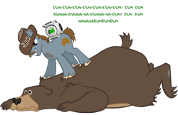 Size: 1500x970 | Tagged: safe, artist:ah-darnit, bear, earth pony, pony, adventure core, crossover, dialogue, duo, facial hair, hat, male, moustache, ponified, portal (valve), portal 2, rick, saxton hale, simple background, stallion, team fortress 2, transparent background, vector