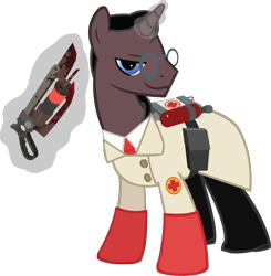 Size: 1342x1371 | Tagged: safe, artist:ah-darnit, pony, unicorn, glasses, glowing horn, hooves, horn, levitation, magic, male, medic, ponified, simple background, solo, stallion, team fortress 2, telekinesis, transparent background, ubersaw, vector