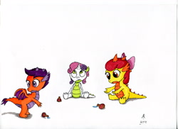 Size: 3509x2550 | Tagged: safe, artist:rameslack, apple bloom, scootaloo, sweetie belle, dragon, cutie mark crusaders, dragon bloom, dragonified, female, high res, potion, scootadragon, species swap, sweetie dragon, traditional art, trio