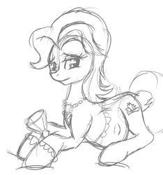 Size: 1810x1936 | Tagged: safe, artist:patch, amethyst gleam, ammie thyst, belly, crystal chalice stand pony, cup, kicking, looking back, monochrome, pregnant, sketch, solo