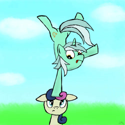 Size: 2300x2300 | Tagged: safe, artist:wonder-waffle, bon bon, lyra heartstrings, sweetie drops, backbend, bon bon is not amused, duo, high res, standing, standing on one leg, tongue out, unamused