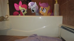 Size: 4000x2248 | Tagged: safe, artist:metalgriffen69, apple bloom, scootaloo, sweetie belle, pony, bath time, bathtub, cutie mark crusaders, irl, photo, ponies in real life, vector