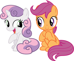Size: 6000x4920 | Tagged: safe, artist:newlunaticrepublic, scootaloo, sweetie belle, pegasus, pony, unicorn, absurd resolution, duo, duo female, female, filly, open mouth, simple background, transparent background, vector