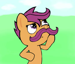 Size: 2000x1700 | Tagged: safe, artist:wonder-waffle, scootaloo, pegasus, female, filly, moustache, orange coat, purple mane, solo