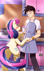 Size: 1562x2500 | Tagged: safe, artist:vavacung, bon bon, sweetie drops, oc, oc:anon, oc:generic messy hair anime anon, human, pony, :o, apron, bedroom eyes, bipedal, blushing, bracelet, clothes, dancing, eye contact, female, human fetish, kitchen, male, open mouth, plot, raised leg, shipping, straight, tsundere, underhoof, wide eyes