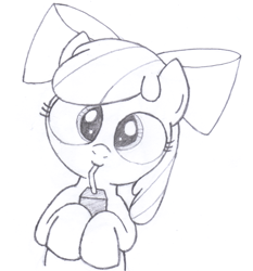 Size: 1697x1818 | Tagged: safe, artist:an-tonio, apple bloom, juice box, monochrome, solo, traditional art