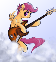 Size: 3000x3300 | Tagged: safe, artist:dovne, scootaloo, bass guitar, cloud, cloudy, flower, flower in hair, guitar, high res, looking at you, musical instrument, scootabass, smiling, solo