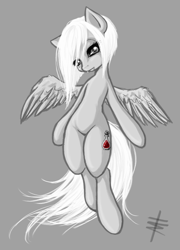 Size: 900x1253 | Tagged: safe, artist:tt-n, oc, oc only, oc:eir, pegasus, pony, undead, vampire, vampony, bipedal, grayscale, looking at you, monochrome, neo noir, partial color, solo, windswept mane