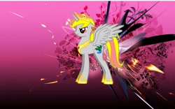 Size: 900x562 | Tagged: safe, oc, oc only, alicorn, pony, alicorn oc, crown, female, gray coat, jewelry, mare, regalia, side view, solo, spread wings, two toned mane, two toned tail, wings