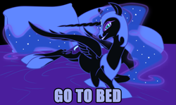 Size: 1339x797 | Tagged: safe, edit, nightmare moon, alicorn, pony, bed, ethereal mane, female, go to bed, grin, hoof shoes, image macro, mare, pillow, slit eyes, smiling, solo, starry mane