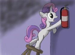 Size: 1920x1408 | Tagged: safe, artist:werdkcub, sweetie belle, pony, unicorn, female, filly, fire extinguisher, open mouth, smoke, solo, stool