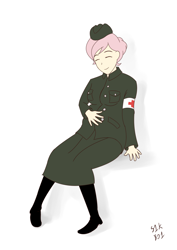 Size: 2894x4093 | Tagged: safe, artist:s1k bo1, nurse redheart, human, clothes, costume, humanized, pixiv, pregnant, solo, world war ii