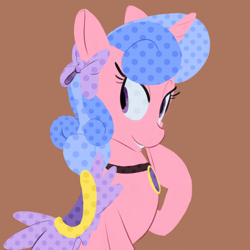 Size: 700x700 | Tagged: safe, artist:goat train, royal ribbon, bow, choker, grin, looking back, necklace, raised hoof, saddle, sitting, smiling, solo