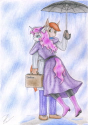 Size: 2455x3494 | Tagged: safe, artist:sinaherib, button mash, sweetie belle, anthro, briefcase, clothes, crying, female, high res, hug, male, older, rain, shipping, straight, sweetiemash, traditional art, umbrella