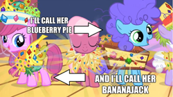 Size: 626x351 | Tagged: safe, derpibooru import, edit, edited screencap, screencap, cheerilee, the cutie mark chronicles, background pony, blueberry swirl, clothes, costume, filly, filly cheerilee, fruitbasket, gem, image macro, school play, young