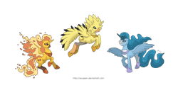 Size: 1280x687 | Tagged: safe, artist:almairis, derpibooru import, articuno, crossover, ethereal mane, fiery wings, legendary pokémon, mane of fire, moltres, pokémon, ponymon, simple background, spread wings, transparent background, trio, wings, zapdos