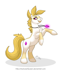 Size: 600x673 | Tagged: safe, artist:almairis, derpibooru import, oc, oc only, pony, unicorn, female, glowing gems, jewelry, mare, necklace, rearing, solo