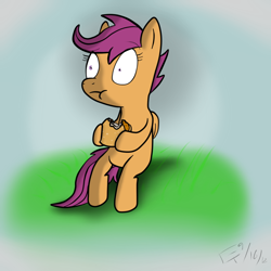 Size: 800x800 | Tagged: safe, artist:wonder-waffle, derpibooru import, scootaloo, pegasus, female, filly, orange coat, purple mane, sandwich, solo