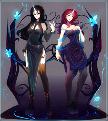 Size: 3456x3880 | Tagged: safe, artist:koveliana, oc, oc only, oc:maneia, oc:nocturna, human, black hair, chromatic aberration, clothes, dress, horn, humanized, megalomaneia, obsession is magic, purple hair, stockings