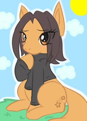 Size: 500x700 | Tagged: safe, artist:moneychan, derpibooru import, oc, oc only, oc:cinnamon sprinkles, earth pony, pony, black shirt, blushing, brown eyes, brown hair, clothes, cloud, cloudy, cute, eye clipping through hair, female, grass, grass field, hoof under chin, mare, no mouth, outdoors, plant, scenery, shirt, sitting, sky, solo, sun