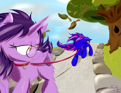 Size: 858x660 | Tagged: safe, artist:frist44, oc, oc only, oc:aegis steadfast, oc:scatter scroll, alicorn, pony, alicorn oc, collar, freckles, glasses, guide pony, leash, pet play, pet tag