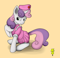 Size: 1646x1607 | Tagged: safe, artist:btbunny, sweetie belle, pony, unicorn, bedroom eyes, clothes, nurse, raised hoof, sitting, smiling, solo