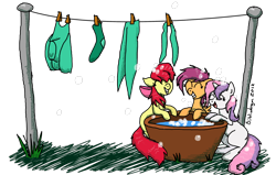 Size: 1190x758 | Tagged: safe, artist:bibliodragon, derpibooru import, apple bloom, scootaloo, sweetie belle, clothes line, cutie mark crusaders, laundry, wet mane