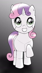 Size: 1509x2568 | Tagged: safe, artist:dorkypumpkin, sweetie belle, sweetie bot, pony, robot, robot pony, unicorn, female, filly, foal, gradient background, hooves, horn, looking at you, raised hoof, smiling, solo, teeth