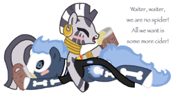 Size: 900x504 | Tagged: safe, artist:radioactiveskunk, derpibooru import, zecora, oc, zebra, blushing, drunk