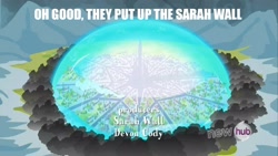 Size: 2048x1152 | Tagged: safe, derpibooru import, screencap, season 3, the crystal empire, crystal empire, hub logo, pun, sarah wall