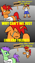 Size: 700x1260 | Tagged: safe, artist:equinox23, derpibooru import, oc, oc only, earth pony, pony, unicorn, brony, clopper, comic, crying, hypocrisy, male, stallion