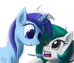 Size: 665x568 | Tagged: safe, artist:raikoh, minuette, earth pony, pony, unicorn, check up, duo, duo female, horn, teeth