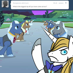 Size: 680x680 | Tagged: safe, artist:ttturboman, derpibooru import, edit, edited screencap, screencap, blue moon (g4), chocolate sun, prince blueblood, pony, unicorn, the best night ever, ask, ask blueblood, background pony, male, recolor, stallion, tumblr